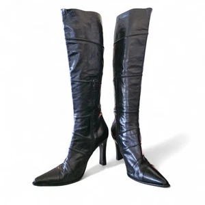 CASADEI Italy Black Leather Stiletto Stud Boots Knee High Sz 9.5 Need Heel Tips - Picture 1 of 20