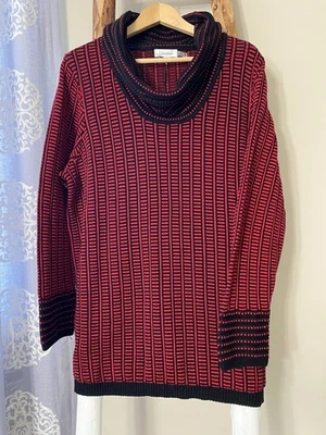 Suéter pulôver feminino Calvin Klein listrado preto vermelho gola alta tamanho 1X algodão - Imagem 1 de 4