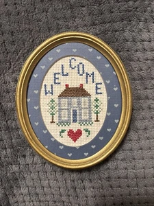 Cornice Welcome Finita Completa Punto Croce Opaco Cuori Blu Decorazione Country - Foto 1 di 6