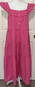OLD NAVY DRESS XL TIERED SEERSUCKER Smocked Boho PINK Peasant Pockets Beach - Picture 1 of 12