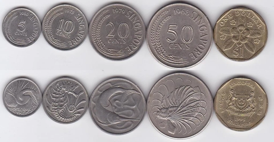 Singapore - set 5 coins 5 10 20 50 Cents 1 Dollar 1968 - 1995 VF Lemberg-Zp - Image 1 of 1