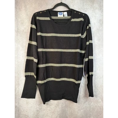 NUEVO CON ETIQUETAS DG2 por Diane Gilman Negro con Dorado Metálico Rayas Suéter Botón Acento Talla L Foto 1 de 4