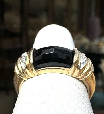 Anillo de diamantes y barra de ónix facetado vintage, oro macizo de 14 quilates, talla 6-1/2 Foto 1 de 4
