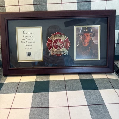 Firefighter Medallion Double Picture Frame 10" x 18" Mahogany Finish Collage New - Image 1 of 4