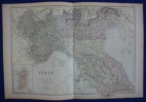 NORDITALIEN, SARDINIEN, EISENBAHN, original antike Atlaskarte, Blackie, 1884 - Bild 1 von 3