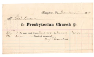 Kingston Pa 1869 Col. Charles Dorrance - Receipt Presbyterian Church Pew Rental - Picture 1 of 2