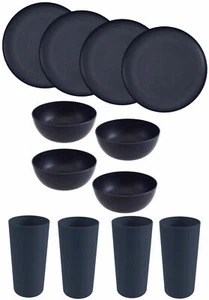 12 pcs Mainstays Plastic Dinner Plates,Cereal Bowls & Tumblers 18 oz,dark Blue - Picture 1 of 23