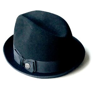 Royal Stetson Felt Hat 59/7⅜ Black Short Curl Brim Fedora Crest Bow Leather Band