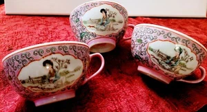 Antique/Beautiful Oriental Chinese Famille Rose ~ Three Maidens Tea cups - Picture 1 of 12