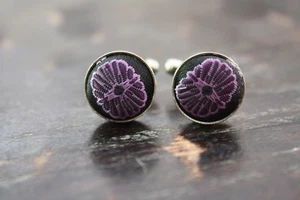 Vintage Estate Silver Tone Purple Silk Fabric Round Button Cufflinks GUC - Picture 1 of 6