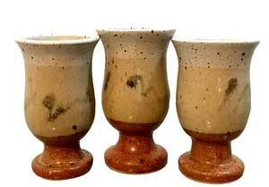 Pottery Sake Cups Set of Three Footed Hand Crafted Pottery Brown  3-4 oz - Picture 1 of 7