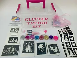 GLITTER TATTOO KIT PRINCESS 90 large 24 mini stencil 8glitter boy girl Christmas - Picture 1 of 15