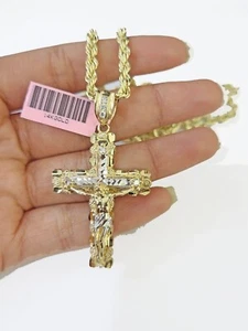 14k Yellow Gold Rope Chain Jesus Nugget Cross Charm SET 3mm 22" Inch Necklace - Picture 1 of 6