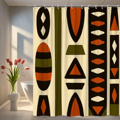 Cortina de Ducha Geométrica Boho en Negro, Verde y Naranja Foto 1 de 4