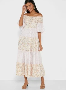 Maxi Vestido Bardot Estampado Mixto en Niveles RIVER ISLAND Rosa Talla UK 8 - Imagen 1 de 3