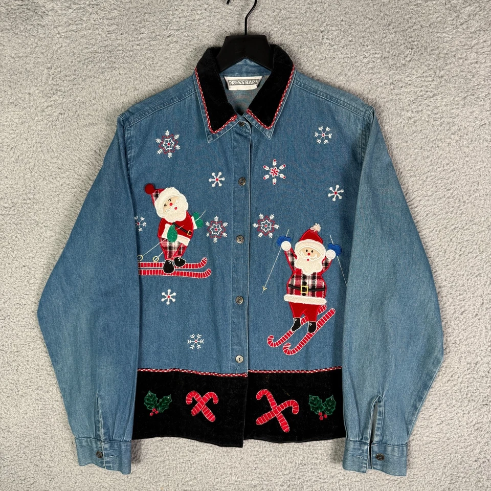 Винтажная рождественская джинсовая рубашка 90-х женская средний размер с вышивкой Санта-Клаус на пуговицах - Изображение 1 из 4