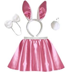 Girls Pink Satin Skirt RABBIT BUNNY Halloween Costume Fancy Dress Accessory Set - Picture 1 of 5