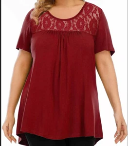 LINJOU Women's Plus Size Tops Flowy Casual Summer Lace Blouses Pleated Short Sle - Picture 1 of 7