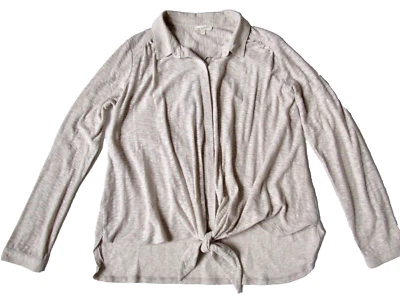 Mystree Beige Tan Semi Sheer Knit Button Down Knit Top Blouse Tie Front L Large - Image 1 of 4