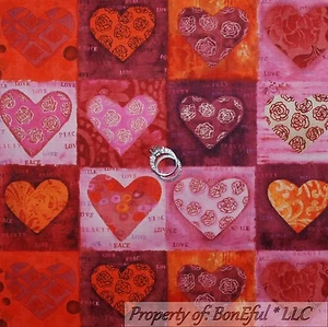BonEful Fabric FQ Cotton Quilt Pink Red HEART Valentine Flower Rose Shabby Chic - Picture 1 of 8
