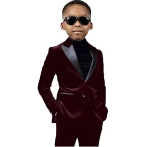 Velvet Boy Suit 2 Pieces Wedding Evening Party Formal Dresswear Ring Bearer Suit - Picture 1 of 18