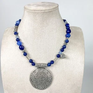 Chicos Blue Sky Beaded Short Necklace Round Silver Ornate Pendant New - Picture 1 of 3