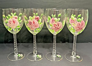 Cristal D'Arques Angelique 7.87” Wine Glasses Twisted Stem Hand Painted Rose 4 - Picture 1 of 11