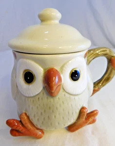 1978 FITZ & FLOYD Spotted Owl Ceramic Coffee Cup Mug Hand Painted Japan 3D w/LID - Picture 1 of 8