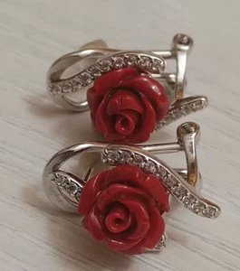 Silver 925 New Earrings Red Roses Beauty Fianiths Gleymo-Proba Stamp Grosslud - Picture 1 of 9
