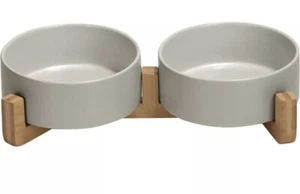 SPUNKYJUNKY Ceramic Dog and Cat Bowl with Wood Stand - Picture 1 of 4