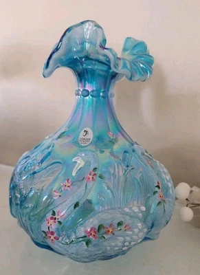 Stunning!!! Fenton Turquoise Swan Vase Shelley Fenton Signed  - Image 1 of 4