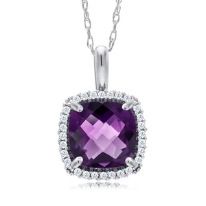10K White Gold Amethyst and Diamond Pendant Necklace For Women (1.59 Cttw, - Picture 1 of 4