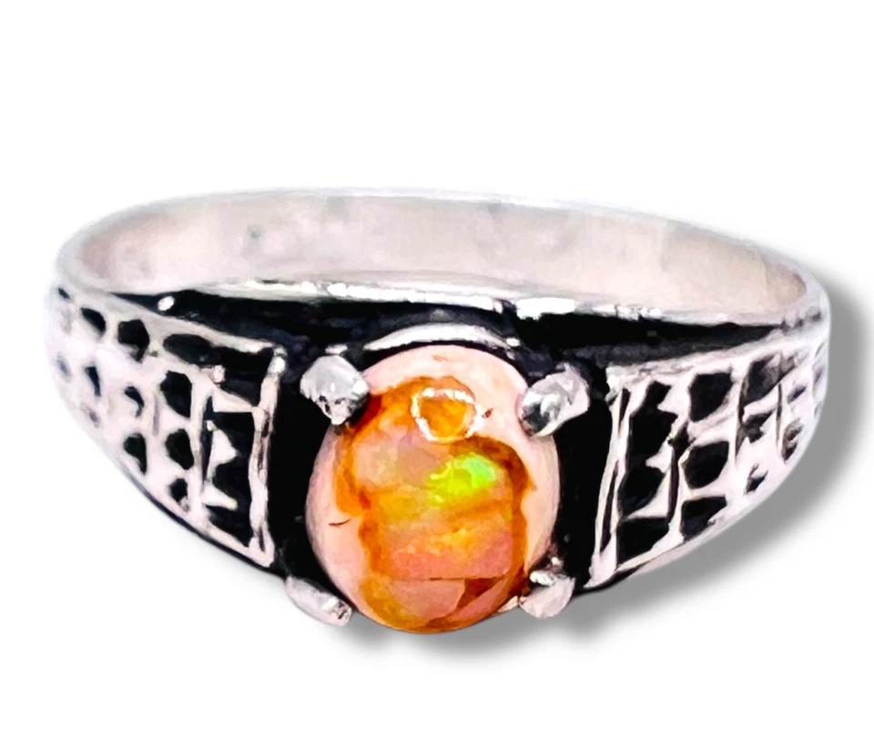 Anillo de plata de ley 925 ópalo natural de fuego mexicano talla 6,75 Foto 1 de 4