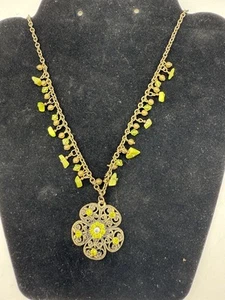 Past Times Vintage Necklace Green Beads Rhinestone Filigree Pendant Boxed - Picture 1 of 9