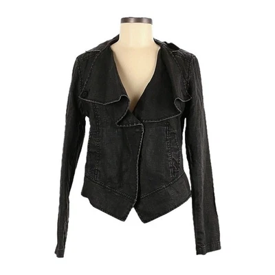 Cabi Moto Jacket M Charcoal Gray Waxed 100% Linen Ruffle Lapel Fitted Blazer - Image 1 of 4