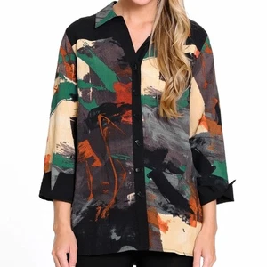 Ali Miles Womens Printed Woven Button Tunic Shirt Size M Art 3/4 Sleeve NWT - Picture 1 of 16