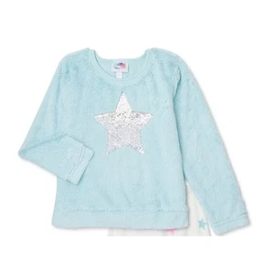 BMagical Girls Long Sleeve Fluffy Crew Neck Sequin Star Lounge Top Aqua Size 6 - Picture 1 of 6