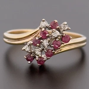 9ct Yellow Gold Ruby & Diamond Cluster Ring UK Size O Hallmarked - Picture 1 of 10