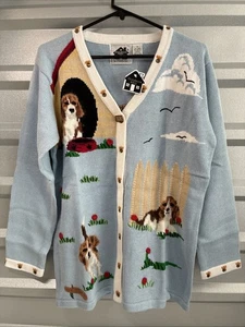 Vintage Storybook Knits Sweater Dog Theme Button Up size M Hand Knit - Picture 1 of 14