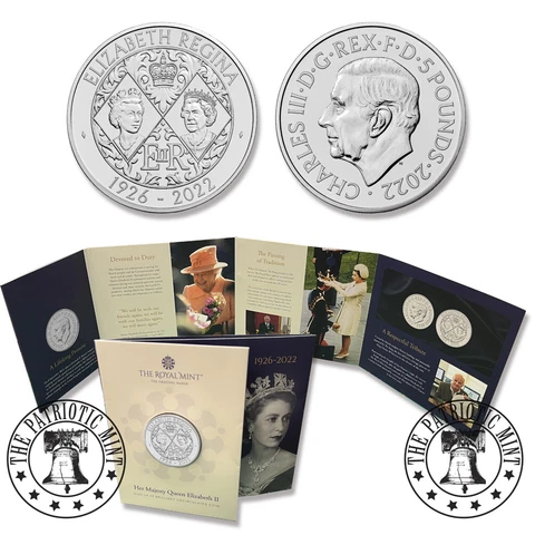 2022 UK Queen Elizabeth II £5 BU Memorial Coin - KING CHARLES III  First UK Coin Cover