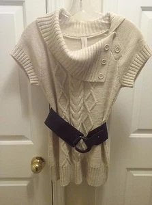 No Boundaries Women's S Cable Knit Sweater Tan Turtleneck Short Sleeve Belt NWOT - Picture 1 of 4