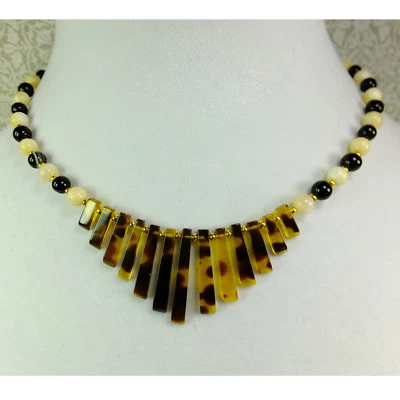 Brown Spotted Resin Fringe with Cream Calcite Stone Beads & Agate Beads Choker - Image 1 of 4