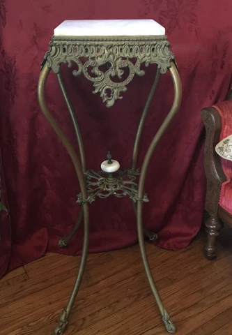 Antique Ornate Victorian Metal Plant Stand With Marble Top Cover