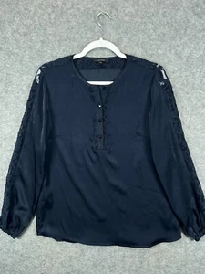 Paz Torras Spain Shirt Womens 40 Blue Satin Lace Top Blouse Long Sleeve - Picture 1 of 14