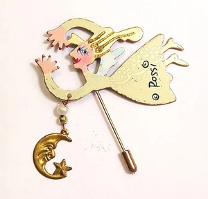 Vintage ROSSI Fanciful Flights  Flying Angel Dangling Moon & Star Stickpin - Picture 1 of 7