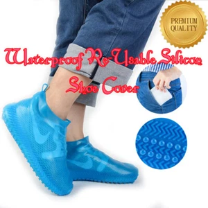 SILICON WATER PROOF, NON-SLIP & RE-USABLE SHOE COVER FOR WOMEN'S TRAINERS BLUE - Picture 1 of 11