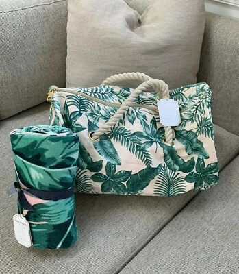 Pottery Barn Teen The Emily & Meritt PinkGreen Palms Rope Duffle Bag Beach Towel - Image 1 of 4