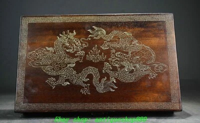 14英寸老式花力木镶嵌银线雕刻龙龙龙图案容器Bo — 第 1/4 张图片