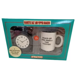 NIB Wake Up & Smell Coffee 3" Magnetic Ceramic Salt & Pepper Shakers They Kiss - Picture 1 of 5