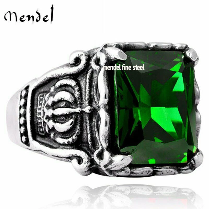 MENDEL Stainless Steel Mens Womens Statement Crown Green CZ Stone Ring Size 7-15 - Image 1 of 1